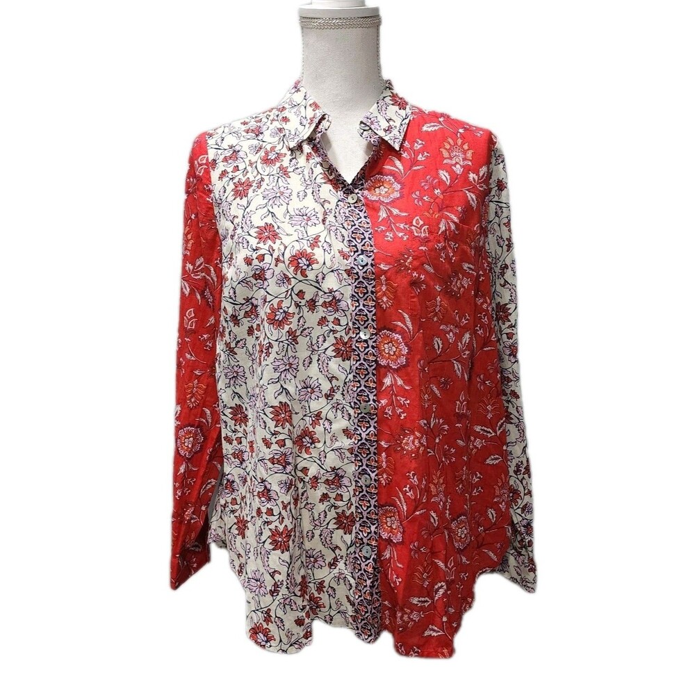 J. Jill Top Women's Small Multicolor Boho Floral Button Up Collared Blouse